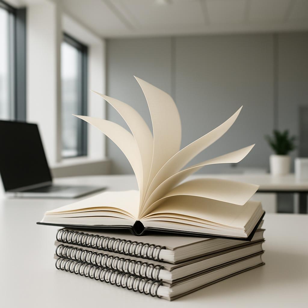 A stack of spiral notebooks and a book with loose leaves in front and an open book, sitting in a modern office setting. Th...