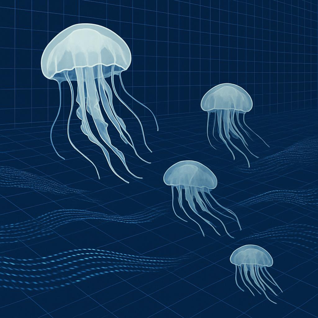 A group of translucent jellyfish are swimming on a dark blue graphic grid background filled with color gradients.